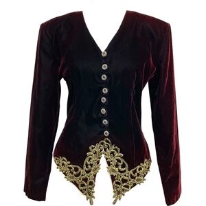 Marnie West Vintage 80s Burgundy Velvet & Gold Button Front Dinner Jacket
